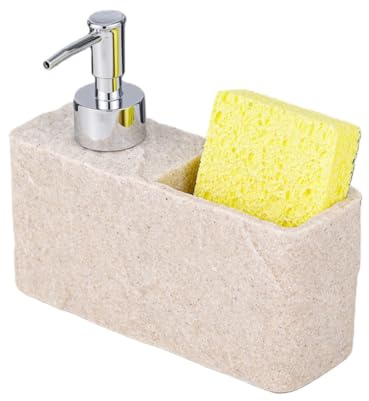 Kivivaka Dispensador de jabón para baño y cocina con soporte para esponja, botella de bomba de mano de 250 ml, construcción de resina, color negro y beige