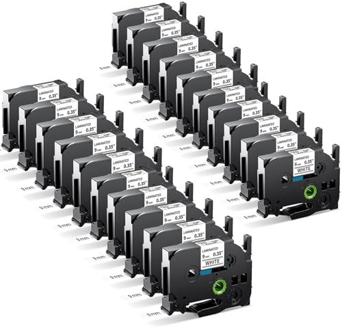 MarkField 20 Pack Kompatibel mit Brother P-touch Weiß TZe-221 9mm Bänder | Schwarz auf Weiß TZ TZe221 0.35 tape Cassette, für PT-H100LB H105 H107 H110 PT-D210 D410, PT-P310BT P710BT Cube