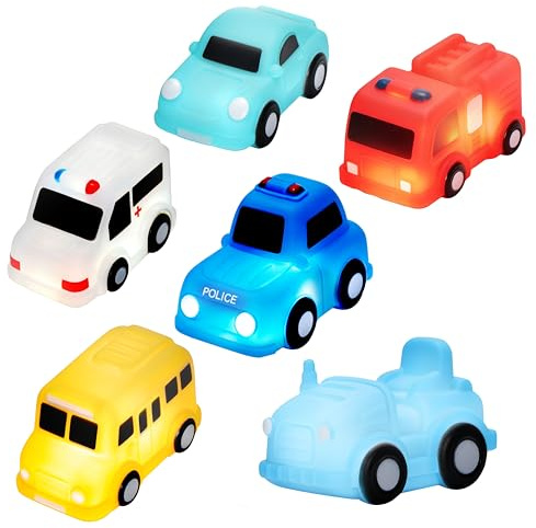 VBACALA Jouets de Bain Voiture avec Lumières, Ensemble de 6 Jouets de Bain sans Trou LED, Jouets Flottants pour Le Bain pour Enfants de 3 Ans, Jouets Lumineux pour Le Bain, Piscine et Plage
