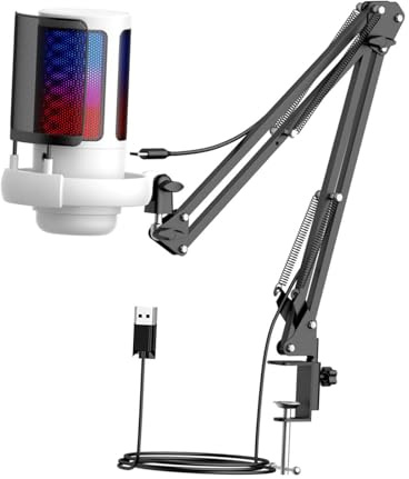 vreplrse Microphone de Podcast avec éclairage RGB, Technologie USB, Bras articulé pour Un Son Clair et précis, idéal pour Le Streaming en Direct. Réglage du Gain et de l'angle d'inclinaison.