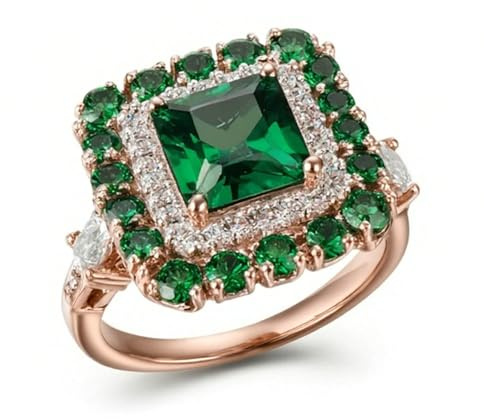 Anello di fidanzamento da donna in oro 585, con smeraldo e moissanite 14 carati, oro rosa, misura 61 (19,4)