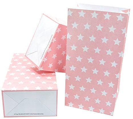 Frau WunderVoll® 60 PAPIERTÜTEN MIT Boden ROSA, Sterne 12x7x24cm / Blockbodenbeutel, Tüte, Papierbeutel, Papiertüte, Geschenktüte, Geschenkbeutel, Gastgeschenk, Hochzeit, Mitgebseltüte, Falttasche