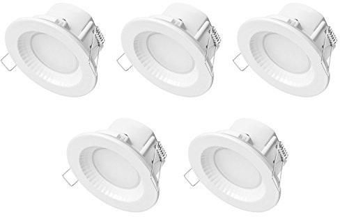 TEVEA® LED Einbaustrahler | geringe Einbautiefe | 5W 230V | IP44 auch fürs Bad (WH-Warmweiss-5er)