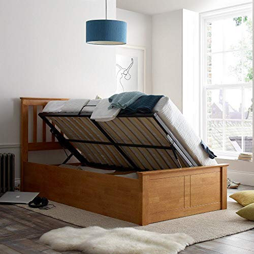 Oak Ottoman Storage Bed, Happy Beds Francis Wood Modern Lift Up Bed - 3ft Single (90 x 190 cm) Frame Only