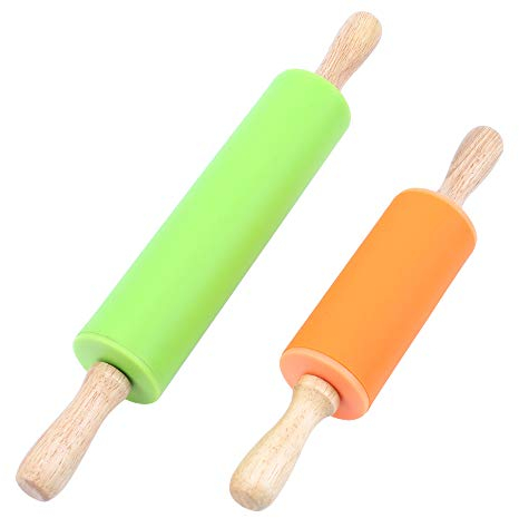 AILANDA 2Piezas Rodillo de Cocina Repostería 30cm/11.8in Rodillo de Amasar Rodillo de Silicona Antiadherente Mango de Madera Rodillo de amasar de cocina Verde Naranja para Masa Pizza Galletas