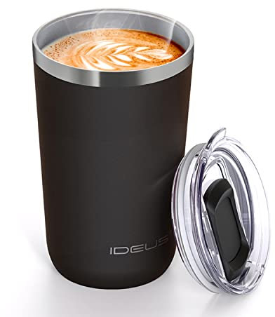 Ideus 20 oz Tumbler, Travel Coffee Mug with Splash Proof Sliding Lid, Double Wall Stainless Steel Vacuum Insulated Coffee Mug for Home and Office, Keep Beverages Hot or Cold (Black)