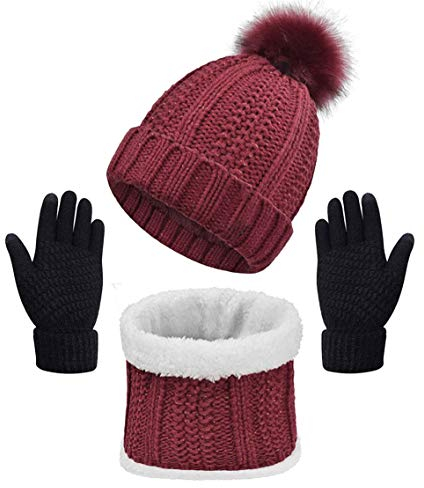 Yutdeng Damen Winter Warm Knit Mütze Hut Schal Handschuhe Set Touchscreen-Handschuhe Strick mit Kreis Loop Schal Fleece Gefüttert für Ski 3-in-1 Winter-Set(Weinrot,Einheitsgröße)