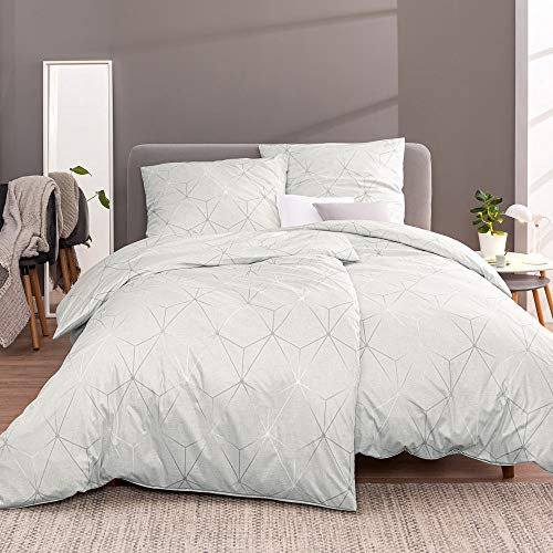 ESTELLA Bettwäsche Kian | Jadegrün, Geometrisch, 3 Stück, Spannbettlaken & Kissenüberzug, Baumwolle, 1 Set