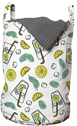 ABAKUHAUS Karikatur Wäschesack, Glas Mojito Muster, Wäschekorb mit Griffen Kordelzugverschluss für Waschsalons, 33 cm breit x 49 cm hoch, Mehrfarbig