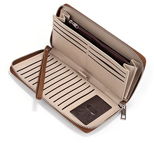 UTO Portefeuille Femme Porte Cartes 18 Fentes Grand Capacité Pochette Fermeture éFoncé avec Bracelet Synthétique Marron Foncé