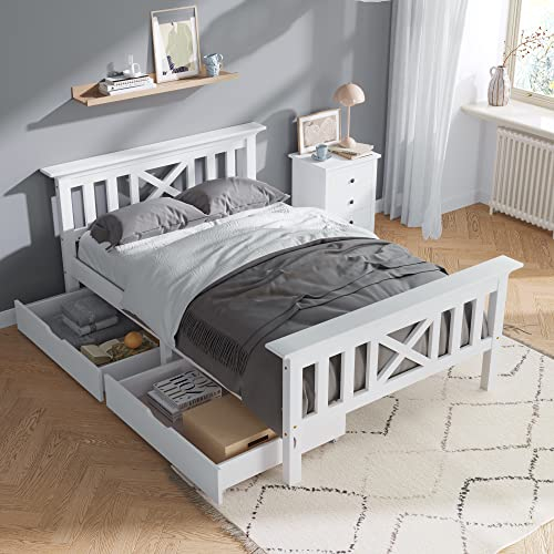 BTM Wooden Bed Frame, Solid Single Wooden Bed, Under Bed Drawer, Storage Bedroom Furniture for Adults, Kids, Teenagers (White, 90x190 cm)