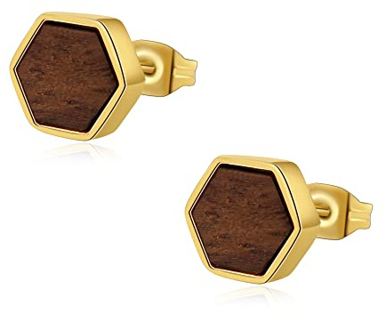 Ohrringe Damen Edelstahl Holzohrringe Holz Ohrstecker Geometrisch Hexagon Dreieck Durchmesser 8mm Nickelfrei Hypoallergen inkl. Eleganter Geschenkverpackung