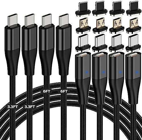 YKZ Cavo Magnetico USB C 60W – Cavo di Ricarica Rapida 3 in 1 (4 Pezzi) con Connettori Type-C/Micro USB/iProduct– Nylon Intrecciato, LED Soffuso, 1M + 2M – Compatibile con Samsung, Huawei, Xiaomi