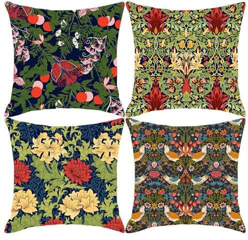 LOHDALOLF William Morris Style Cushion Covers 45x45 cm Set of 4 Strawberry Thief Cushion Cases Snake Head Floral Decorative Pillow Covers for Sofa Couch Living Room