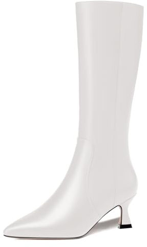 AMBELIGHT Abito da donna opaco con cerniera, punta appuntita, tacco basso, tacco basso, stivali alti 5,1 cm, bianco, 38 EU