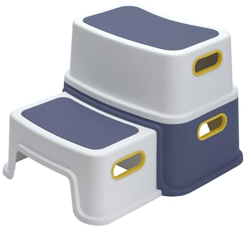 AVAKKER Kinderhocker Badezimmer, Tritthocker 2 Stufen für Kinder, Step Stool für Badezimmer Waschbecken Toilette, rutschfest & Stabil, BPA Frei, Blau