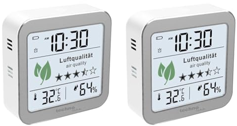technoline WL1020 Luftgütemonitor zur Überwachung der Raumluftqualität, Nachfolger des WL1005, Temperaturanzeige, Luftfeuchteanzeige, Alarm bei schlechter Luftqualität, silber, weiß (Packung mit 2)