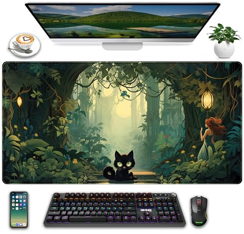 Cute Fantasy Forest Cat Desk Mat Mousepad, Anime Green Plant Mouse Pad Kawaii XXL Large Extended Gaming Gamer Gift Desk Pad 31.5x15.75 in, Women Cats Lovers Office Desk Decor Keyboard Mouse Mat