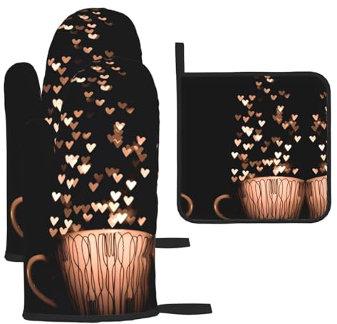 Guanti da forno a forma di cuore e presine, guanti e supporti per barbecue (set da 3 pezzi)