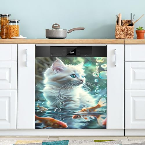 Autocollant magnétique pour lave-vaisselle Motif chat blanc avec poissons 58,4 x 66 cm