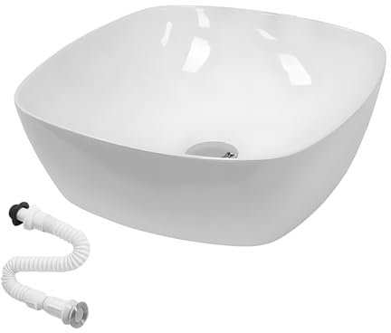 Lavabo de Cerámica, Lavamanos Blanco de Aseo Anti-manchas, Lavabo sobre encimera para Baño, Fácil de Limpiar y con Conexiones Estándar. Ideal para Cocina o Baño. (40x40x14 CM)