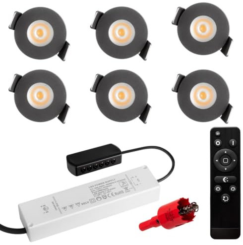 S-Polytec PREMIUM Mini LED- Einbauspots Warmweiss 3.000K, DIMMBAR, IP65, FUNK 3W Einbaustrahler Terrassenüberdachung, Bad, Sauna mit Fernbedienung (ANTHRAZIT, 6x LED-SET)