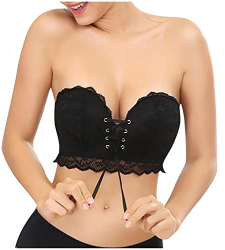Women Front Lace up Bra Solid Strapless Invisible Underwear Push Bandeau Comfortable Plunge High Support Bralette Wireless Padded Black