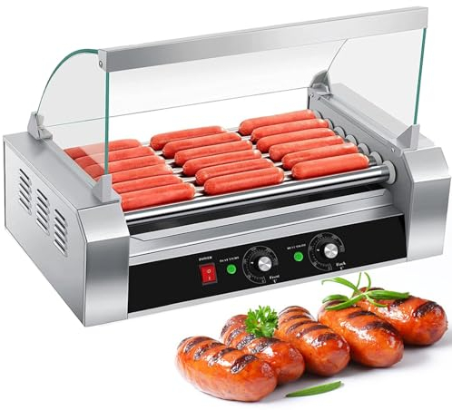 Commercial Hot Dog Roller Machine, 1050W Stainless Steel Sausage Grill with 7 Heat Rollers, Countertop Hot Dog Grill Cooker Machine with Cover, 0-250°C Temperature Adjustment For Kitchen Breakfast