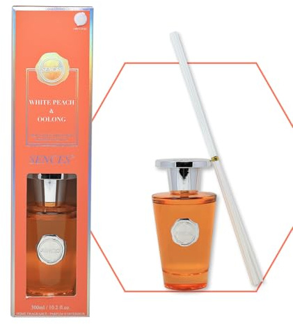 Sences Luxury Reed Diffuser 300ml - Scented with White Peach & Oolong, New Long-Lasting Natural Aroma, Premium Essential Oils, Elegant Glass Bottle, Ideal for Home, Office, and Spa, Fruity Fragrance