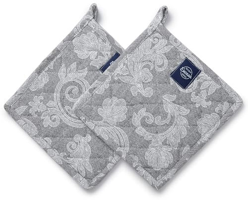 Encasa XO Topflappen für die Küche | Baumwolle Mikrowelle Heiße Utensilien Halter | 21 cm | Hitzebeständig, Gepolstert, Mit Aufhängeschlaufe | Zum Kochen & Backen | 2er Set | Grau