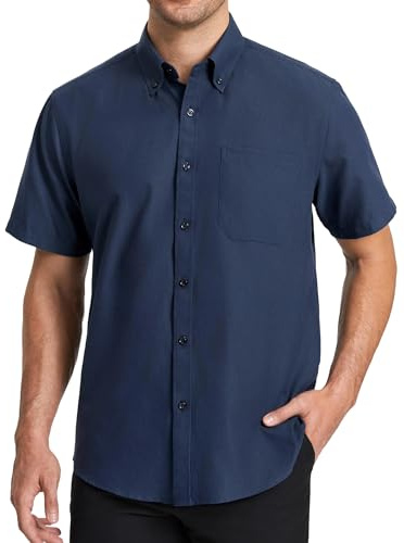 HISDERN Men's Oxford Shirts Formal Short Sleeve Shirt for Men Plain Smart Button Down with Pocket Regualr Fit