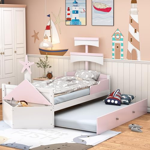 Kinderbett aus Holz 90 * 200 cm, Segelbootform, mit ausziehbares Bett, Stauschrank am Bettende, Einzelbett, Kinderbett (rosa)