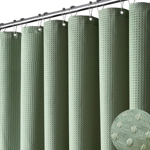 BTTN Duschvorhang Waffel 180x200 cm, Anti-Schimmel Schwere wasserdichte Stoff Textile Duschvorhang mit 12 Haken, Moderne Waschbar Gewichtete Dekorative Polyester Duschvorhang für Badewanne, Grün
