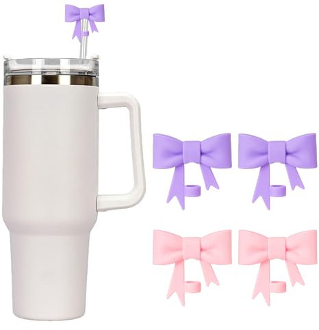 4 Pcs Straw Cover Straw Toppers Straw Covers Bow Straw Covers Compatible with Stanley Straw Topper 10mm Reusable Silicone Straw Toppers for Outdoor Activities Walking and Camping (Pink Purple)