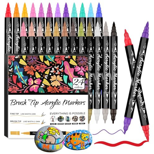 Funnasting Acrylic Paint Pens, 24 Colours Dual Tip Paint Markers, Acrylic Pens with Fine & Brush Tip for Glass, Fabric, Ceramic, Egg, Rock Painting