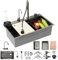 85x45cm fregadero negro multifuncional con cascada, Fregadero de Acero Inoxidable Para Montaje Superior, Con Nanorrevestimiento Y Grifo Extraíble, I Incluye Lavavasos, Canasta De Drenaje De Accesorios