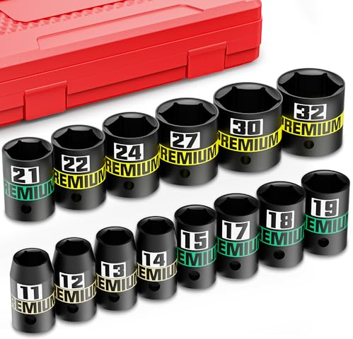 Aurlloct 14 Piezas Juego de Llaves de Vaso de Impacto 1/2, 11-32 mm Vasos de Impacto Poco Profundo, Ferramentas Auto para Reparación de Coches Cambio de Neumáticos