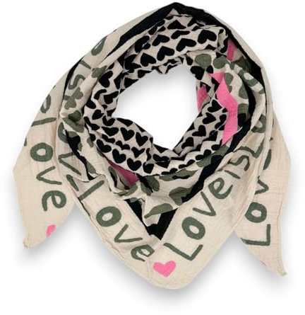 Tuch Damen Frühling Baumwolle Musselin Leo Print Made Italy Halstuch Herz Love Schal Sommer Dreieckstuch (Beige-Khakigrün)