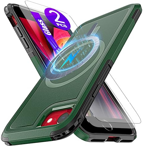 YmhxcY Magnetic for iPhone se 2020/iPhone 2022 Case 4.7-Inch,Compatible with MagSafe,[2 Pack Tempered Glass Screen Protector] Shockproof Military-Grade Protection case-Green