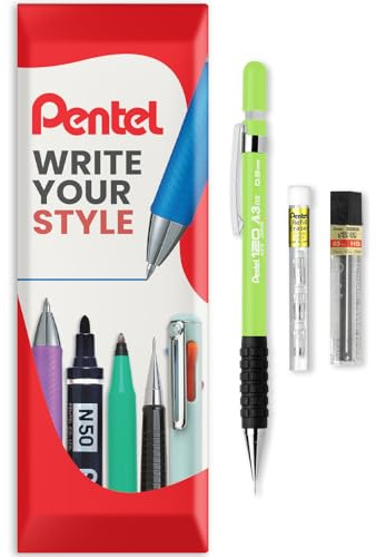 Pentel 120 Series Automatic Mechanical Pencil A315 + 12 HB Refill Leads + Tube of Eraser Refills - In Envelope Gift Packaging (Light Green, 0.5mm)