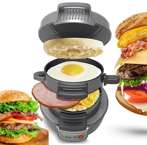 Máquina Eléctrica para Hacer Hamburguesas, Hamburguesera Eléctrica, Sándwichera Antiadherente para Desayuno, Waffles, Egg Mcmuffin, Mini Plancha Redonda para Croissants, Muffinera Black