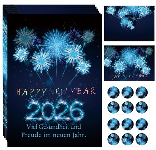 Beinup 12 Neujahrskarten mit 12 Umschlag und 12 Aufkleber,Neujahrs Karten 10.8x15.2 cm,Frohes Neues Jahr,Karten Grußkarten,Postkarten Format,Silvester Neujahr Postkarten,2026/Sylvester/Neues Jahr