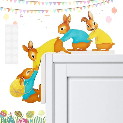 AKONE Türrahmen Osterdeko, Osterhase Deko Holz, Lustige Osterdekoration Tür, Doppelseitig Bedruckte Hase Osterdeko, Holzhasen Deko für Türen, Fenster, Kamine, Kühlschränke usw