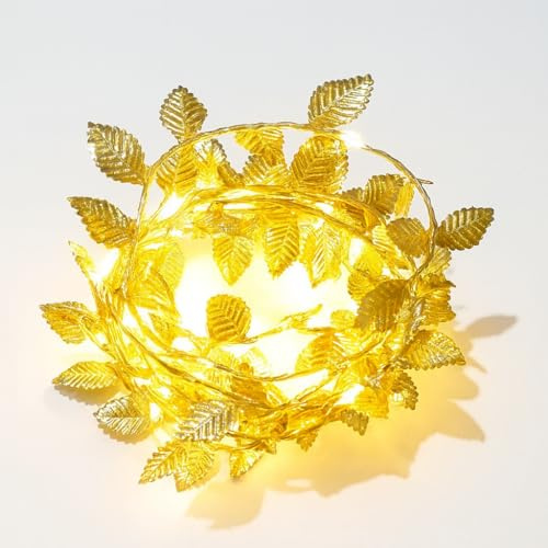 GEN:ZAI Gold Leaf Fairy Lights 2M Battery Operated Warm White LED Garland 20 LED String Lights for Home Décor Trees Mantels Tables
