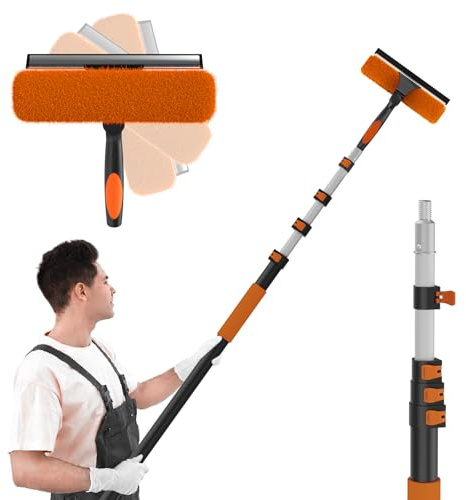 SISUPASSIE 2-in-1 Fensterputzer, 6m Fensterabzieher, professionelles Fensterwischer mit Teleskopstiel, drehbarer Kopf für hohe Fenster, für den Innen- und Außenbereich