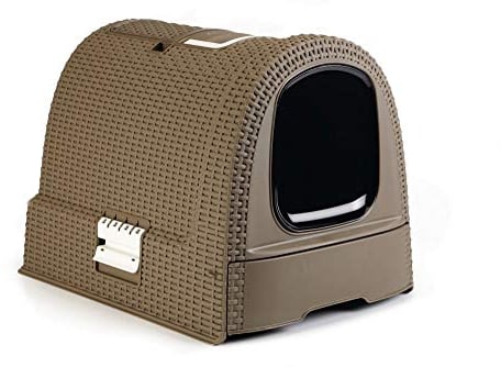 CURVER Maison de Toilette pour Chat - Bac à Litière Fermé - Compartiment Inférieur Amovible pour un Nettoyage Facile - Pelle à Litière et Tapis de Sol Inclus - 51 x 39 x 39 cm - Mokka - Recyclé