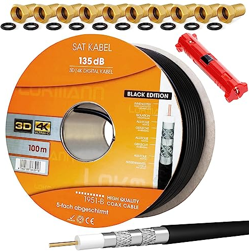 HB-DIGITAL SET 100m Koaxial SAT Kabel 135db Schwarz + 10x F-Stecker vergoldet + 1x Abisolierer | CCS Stahl Kupfer Satellit Antennenkabel 5-Fach geschirmt für DVB-S/S2 -C/C2 -T/T2 DAB+ Radio Anlagen