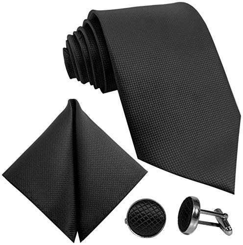 GASSANI 8cm Breite Herrenkrawatte Krawattenset Schwarze Karo-Muster, Schmale Skinny Slim Hochzeitskrawatte Herrenschlips Einstecktuch Manschettenknöpfe