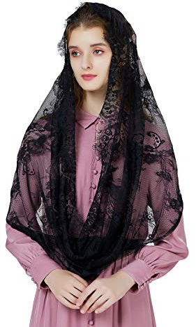 BEAUTELICATE Mantilla Katholisch Damen Spitze Schal Schleier Kopftuch Stola Schwarz Weiß für Kirche Mass Latein Kapelle Braut Trauer V101, Schwarz