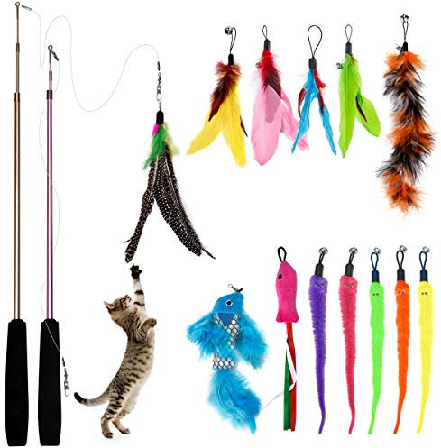 Bojafa Cat Toys for Indoor Cats Adult: Interactive Kitten Feather Wand Toys - 15Pcs Cat Teaser Toys